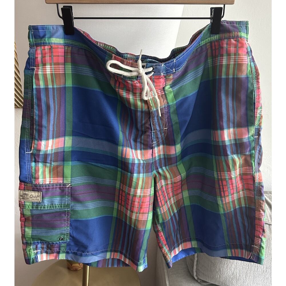Mens Chaps Plaid Swimsuit Swim Trunks Blue Green Blue Lined With Pockets XL